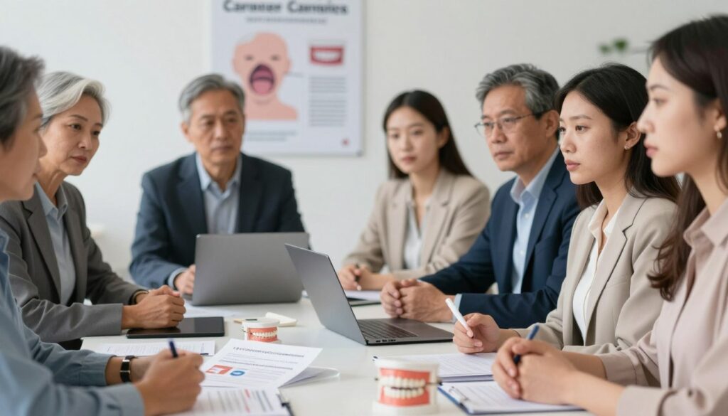 A diverse group of individuals in a professional setting, representing various age groups and ethnicities, sitting around a table engaged in a discussion about oral health risks. Their expressions are serious and focused, emphasizing the importance of awareness regarding oral cancer risks. The foreground features detailed close-ups of dental health materials, such as brochures and models of human teeth. In the middle ground, the individuals are dressed in smart casual attire, with some using laptops and tablets. The background displays an educational poster about oral cancer symptoms, subtly blurred to keep the focus on the participants. Soft, diffused lighting creates an informative and serious atmosphere, while a shallow depth of field directs attention to the discussion, highlighting the urgency of the subject matter. A diverse group of individuals in a professional setting, representing various age groups and ethnicities, sitting around a table engaged in a discussion about oral health risks. Their expressions are serious and focused, emphasizing the importance of awareness regarding oral cancer risks. The foreground features detailed close-ups of dental health materials, such as brochures and models of human teeth. In the middle ground, the individuals are dressed in smart casual attire, with some using laptops and tablets. The background displays an educational poster about oral cancer symptoms, subtly blurred to keep the focus on the participants. Soft, diffused lighting creates an informative and serious atmosphere, while a shallow depth of field directs attention to the discussion, highlighting the urgency of the subject matter.