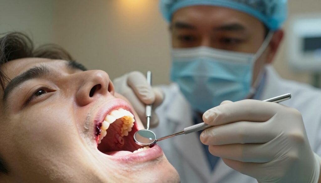 A dramatic close-up of a dental examination scene showcasing the complications of untreated tissue necrosis, illustrating "powikłania zgorzeli". In the foreground, a patient's gums exhibit advanced signs of necrosis, with darkened, inflamed tissue and visible abscess formations. The middle layer features a dentist in professional attire, looking concerned while examining the patient with a dental mirror and light, emphasizing the urgency of treatment. The background is a clinical setting, softly illuminated with warm lighting to create a serious, yet professional atmosphere. Utilize a shallow depth of field to draw focus on the dental examination while subtly blurring the background. The overall mood should be tense and urgent, highlighting the potential dangers of neglecting dental health.