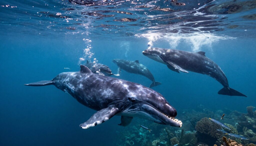 A dynamic underwater scene showcasing a group of beaked whales, known as "zębowce," actively hunting in the ocean. In the foreground, a striking male beaked whale with distinct, elongated teeth emerges from the deep blue water, showcasing its powerful form and pronounced jaw. Surrounding it are smaller fish, indicating the whale's prey, while bubbles trail from its mouth, adding movement to the composition. In the middle ground, additional whales are visible, using echolocation as they navigate through their environment, with soft sunlight filtering down from the surface, creating shimmering patterns. The background features a blurred underwater landscape of corals and marine plants, enhancing the sense of depth. The mood is intense yet serene, capturing the grace and power of these fascinating creatures in their natural habitat.