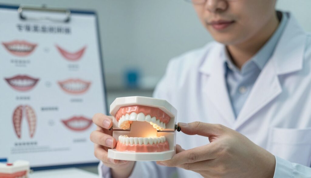 A focused dental examination setting featuring a professional dentist in a white coat examining a model of gums and teeth, highlighting the causes of gum overgrowth not solely related to plaque. In the foreground, a detailed close-up of the dentist's hands gently handling the dental model, showcasing swollen gums. In the middle background, medical tools and charts illustrating various dental conditions, emphasizing factors like hormonal changes, medications, and systemic diseases. Soft, focused lighting enhances the clarity of the gums, while a calm and clinical atmosphere underscores the importance of understanding gum health. The image should be well-composed with a shallow depth of field, capturing the intricate details of gum tissue while ensuring the dentist's expression conveys professionalism and care.