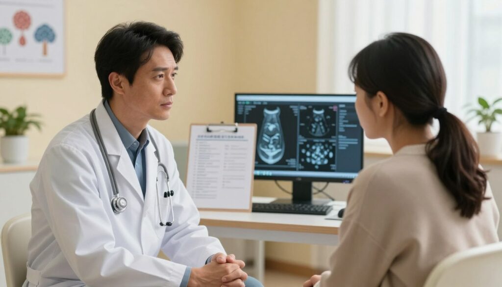 A focused scene depicting a medical consultation setting for cancer prognosis. In the foreground, a compassionate doctor in professional attire sits across from an attentive patient, both expressing concern and determination. The middle ground features a medical chart and diagnostic imaging displayed on a digital screen, emphasizing the importance of details in prognosis. The background showcases a well-lit examination room, with soft, warm lighting that creates an atmosphere of hope and reassurance. The room's walls have calming colors and health-related posters, subtly hinting at factors affecting prognosis. The overall mood is somber yet hopeful, illustrating the critical dialogue on cancer prognosis. Aim for a realistic depiction with a shallow depth of field to concentrate on the doctor and patient interaction.
