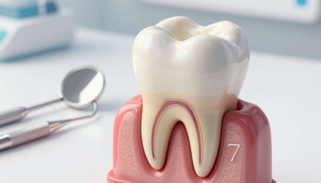 A highly detailed illustration of a human tooth, specifically a lower molar (tooth 7), displayed in a close-up view. The foreground features a cross-section of the tooth showing multiple canal openings with intricate details, emphasizing the dental anatomy and structure. In the middle ground, there are dental tools like an explorer and a mirror, arranged neatly on a sterile, white background, symbolizing the diagnostic process. The background is softly blurred to keep the focus on the tooth and tools, with gentle, natural lighting highlighting the tooth’s surface, creating a clinical yet educational atmosphere. The composition conveys a sense of professionalism and precision in dental diagnostics, suitable for a scientific article.