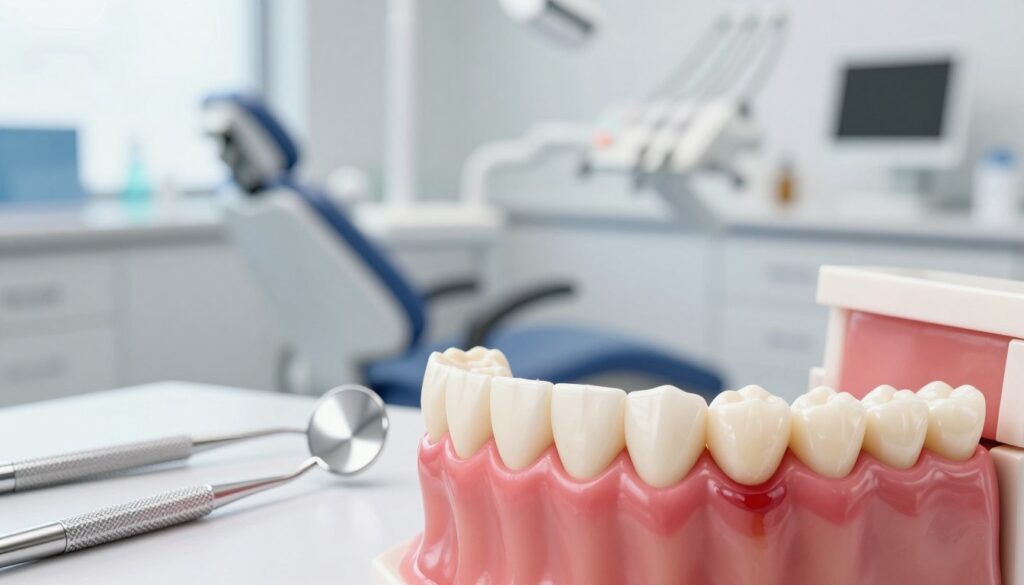 A highly detailed illustration of common causes of gum recession in the oral cavity. In the foreground, display a close-up view of healthy gums contrasting with receded gums that highlight issues like plaque buildup and gum disease. Include dental tools and a model of teeth to illustrate the context, arranged neatly on a dental examination table. The middle ground should feature a soft-focus background of a well-lit dental office, emphasizing cleanliness and professionalism. Utilize diffused natural lighting to create a calm and informative atmosphere, capturing attention while conveying the seriousness of gum health. Aim for a clear, educational visual with a focus on dental health themes.