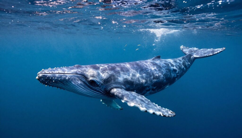 A majestic blue whale (Balaenoptera musculus) swimming gracefully through crystal-clear ocean waters, showcasing its immense size and distinctive features. In the foreground, the enormous body of the whale is displayed in remarkable detail, emphasizing its smooth, blue-gray skin and the unique pleats along its throat. In the middle ground, gentle sunlight filters down from the surface, creating shimmering rays that illuminate the whale's fins and flukes as it glides effortlessly through the water. Schools of small fish can be seen darting around, adding life to the scene. In the background, serene ocean depths transition to a darker blue, evoking a sense of tranquility and the vastness of the ocean. The overall mood is calm and awe-inspiring, capturing the beauty of this gentle giant in its natural habitat.