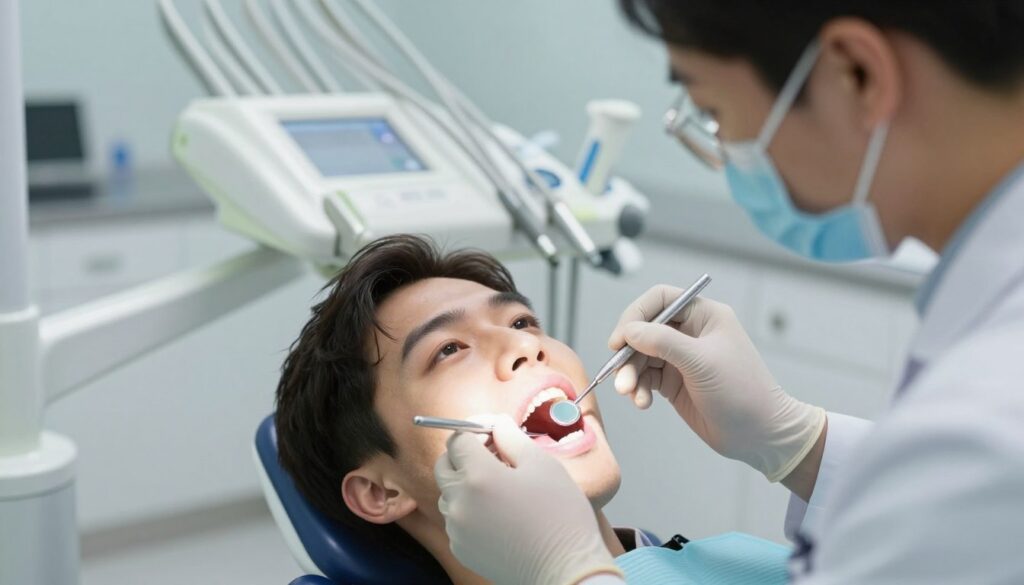 A modern dental clinic interior, featuring a close-up view of an open mouth during an oral examination. The foreground includes a dentist, dressed in professional attire, examining the patient’s teeth with an illuminated dental mirror and a probe. The middle shows the patient reclining in a dental chair, with a focus on their mouth and the dentist's tools. The background depicts dental equipment such as an X-ray machine and sterilization tools, softly illuminated by ambient lighting. Use a shallow depth of field to emphasize the examination process, creating a clinical yet engaging atmosphere. The overall mood is informative and professional, capturing the essential elements of oral diagnostics. A modern dental clinic interior, featuring a close-up view of an open mouth during an oral examination. The foreground includes a dentist, dressed in professional attire, examining the patient’s teeth with an illuminated dental mirror and a probe. The middle shows the patient reclining in a dental chair, with a focus on their mouth and the dentist's tools. The background depicts dental equipment such as an X-ray machine and sterilization tools, softly illuminated by ambient lighting. Use a shallow depth of field to emphasize the examination process, creating a clinical yet engaging atmosphere. The overall mood is informative and professional, capturing the essential elements of oral diagnostics.