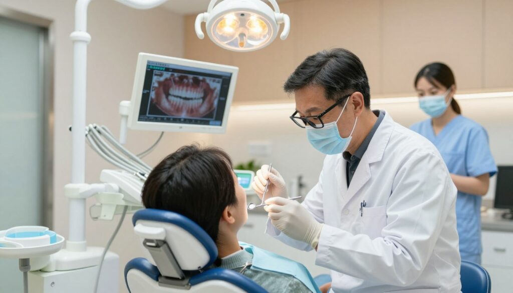 A modern dental clinic interior, featuring a dentist in professional attire examining a patient in the dental chair. In the foreground, the dentist, a middle-aged individual with glasses, is inspecting the patient's mouth with a dental mirror, displaying a focused and compassionate expression. The patient, in modest casual clothing, appears calm, while dental tools and bright overhead lights illuminate the scene. In the middle ground, dental equipment and a digital screen display relevant dental health information. The background reveals soothing wall colors and a dental assistant preparing tools. Soft, natural lighting contributes to a warm and reassuring atmosphere, emphasizing the importance of dental visits in maintaining oral health.