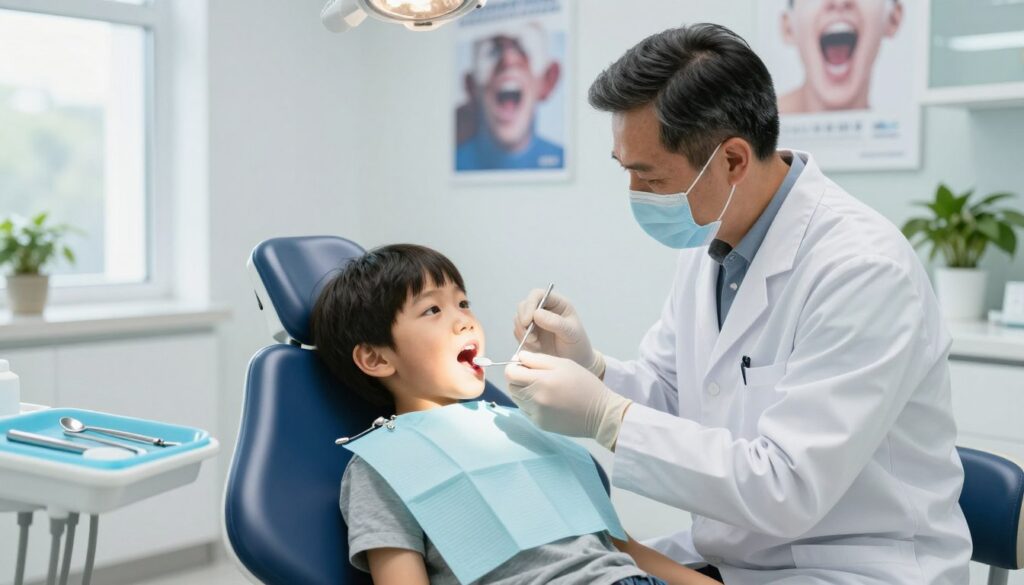 A modern dental clinic interior featuring a professional dentist examining a child's gum in a comfortable examination chair. The dentist, a middle-aged Caucasian male in a white coat and gloves, is gently holding a small dental mirror, focused on the child’s mouth. The child, an Asian boy, sits upright, showing curiosity and slight apprehension. Surrounding them, dental tools are neatly organized on a nearby tray, and a bright, well-lit atmosphere creates a welcoming environment. Soft, diffused natural light filters in from a window, casting gentle shadows. The background includes dental posters on the walls and a potted plant in the corner, contributing to a calm and reassuring mood suitable for a pediatric dental visit.