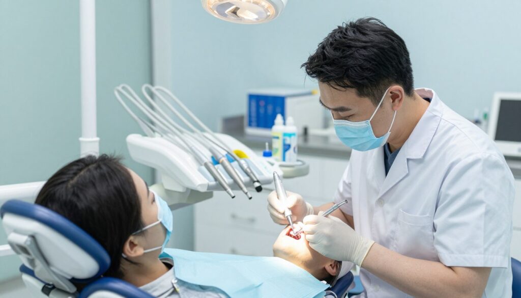 A modern dental office interior showcasing a step-by-step dental hygiene process. In the foreground, a dentist wearing professional attire is performing teeth scaling on a patient seated in a dental chair, illuminated by soft, diffused lighting. Instruments like a scaler and suction device are neatly arranged on a tray beside them. The middle ground features dental equipment such as an air polisher and polishing pastes, highlighting the polishing and fluoridation processes. In the background, a serene color palette of light blues and whites creates a calming atmosphere. The composition is well-balanced, emphasizing the professional environment of dental hygiene while conveying a sense of care and precision.