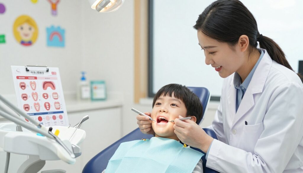 A pediatric dentist examining a young child in a bright, cheerful dental office. The foreground features a caring dentist in a white coat, gently checking the child's gums while smiling reassuringly. The child, sitting on the exam chair, appears calm and curious, wearing a colorful dental bib. In the middle ground, dental tools and a chart with gum health information can be seen, illustrating the focus on oral health. The background showcases colorful wall decorations and a large window letting in soft, natural light, creating an inviting atmosphere. The overall mood is informative yet comforting, highlighting the importance of assessing gingival inflammation in children.