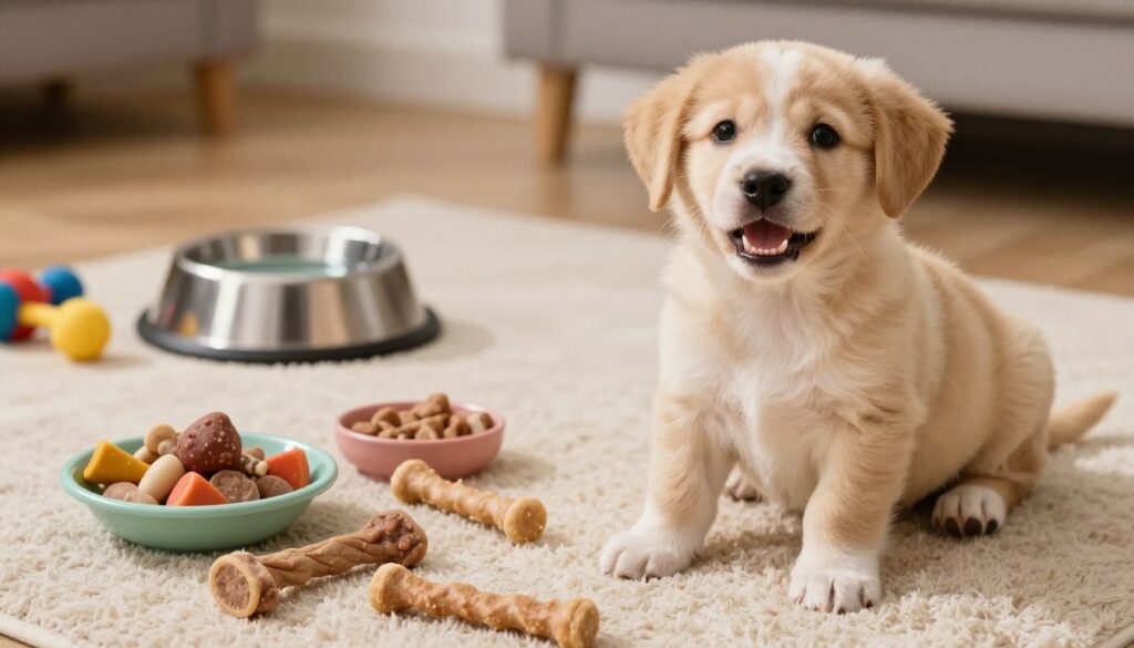 A scene depicting a healthy dog, possibly a puppy, in a comfortable home environment, sitting on a soft rug. The dog has visible baby teeth and some emerging adult teeth to illustrate the teething process. In the foreground, a colorful assortment of dog-friendly foods and dental treats are arranged, showcasing nutritious options that support dental health. Soft, warm lighting creates a cozy atmosphere, highlighting the dog's playful demeanor. In the background, a pet bowl with water sits on a tiled surface, and a few toys can be seen to enhance the homey feel. The overall mood is cheerful and nurturing, emphasizing the importance of diet during the puppy's teething phase. A scene depicting a healthy dog, possibly a puppy, in a comfortable home environment, sitting on a soft rug. The dog has visible baby teeth and some emerging adult teeth to illustrate the teething process. In the foreground, a colorful assortment of dog-friendly foods and dental treats are arranged, showcasing nutritious options that support dental health. Soft, warm lighting creates a cozy atmosphere, highlighting the dog's playful demeanor. In the background, a pet bowl with water sits on a tiled surface, and a few toys can be seen to enhance the homey feel. The overall mood is cheerful and nurturing, emphasizing the importance of diet during the puppy's teething phase.
