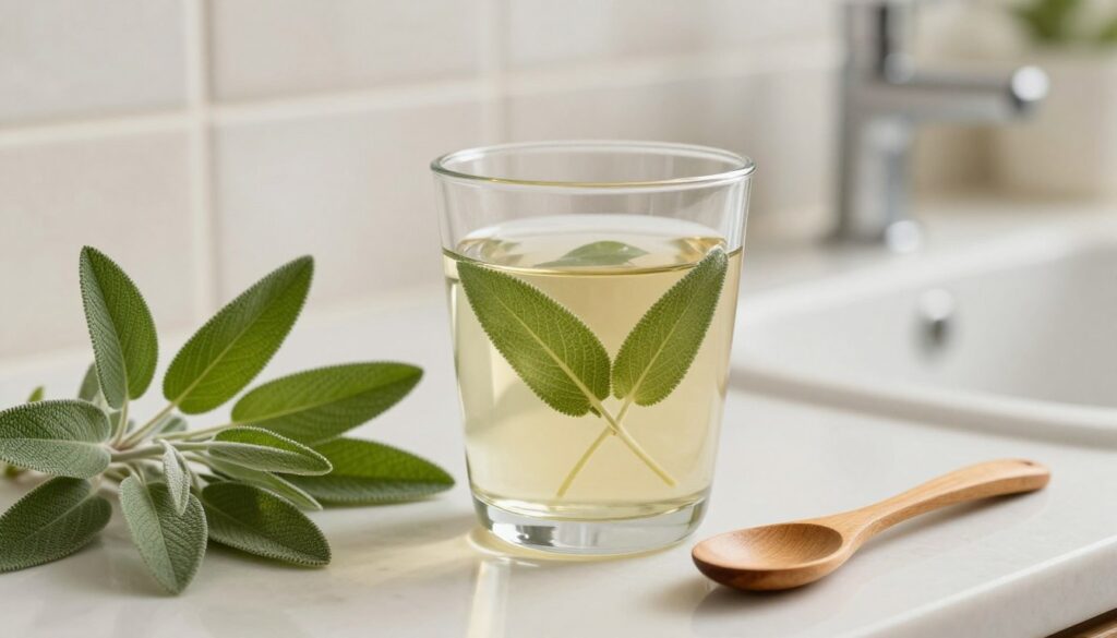 A serene and inviting bathroom countertop setting featuring a traditional glass with a clear herbal infusion, showcasing sage leaves submerged in warm water. In the foreground, an elegantly arranged sage plant alongside a polished wooden spoon hints at the preparation process. The middle ground includes a gentle focus on the glass, with light reflecting off the surface, creating a soothing atmosphere. The background features soft, blurred tiles that evoke a calming spa-like environment, enhancing the mood. The lighting is soft and natural, suggesting a peaceful morning routine, and capturing the essence of self-care and oral hygiene. The composition conveys tranquility and health without any figures present.