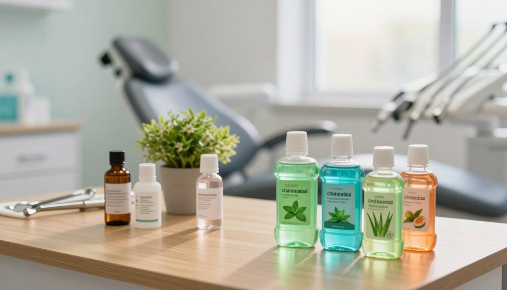 A serene and inviting scene depicting a variety of mouth rinse bottles arranged on a wooden table in a well-lit dental office. In the foreground, vibrant, colorful bottles labeled with natural ingredients such as chamomile, peppermint, and aloe vera stand out. In the middle ground, a soothing green plant adds a touch of nature, symbolizing healing. The background features a softly blurred dental chair and tools, conveying a clinical yet comforting atmosphere. Soft, natural lighting filters through a window, creating a warm glow that enhances the feeling of safety and recovery. The mood is calm and reassuring, focused on promoting oral health and safe alternatives to alcohol. A serene and inviting scene depicting a variety of mouth rinse bottles arranged on a wooden table in a well-lit dental office. In the foreground, vibrant, colorful bottles labeled with natural ingredients such as chamomile, peppermint, and aloe vera stand out. In the middle ground, a soothing green plant adds a touch of nature, symbolizing healing. The background features a softly blurred dental chair and tools, conveying a clinical yet comforting atmosphere. Soft, natural lighting filters through a window, creating a warm glow that enhances the feeling of safety and recovery. The mood is calm and reassuring, focused on promoting oral health and safe alternatives to alcohol.
