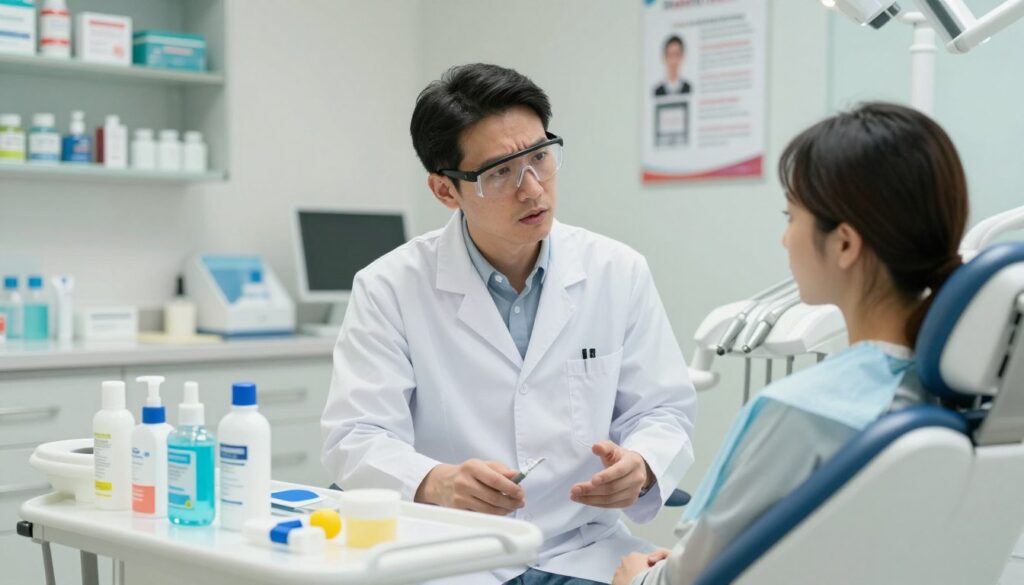 A serene and professional scene depicting a healthcare setting focused on dental care. In the foreground, a well-organized table displays various dental products like gels and mouthwashes, emphasizing safety and proper usage. In the middle ground, a healthcare professional, dressed in a smart white coat and safety glasses, consults with a patient sitting in a dental chair, both showing expressions of concern and understanding. The background features a calming dental clinic environment, with soft lighting, shelves filled with dental care literature, and posters on safety guidelines. The overall mood is reassuring and informative, highlighting the importance of safe use and consultation regarding oral care products.