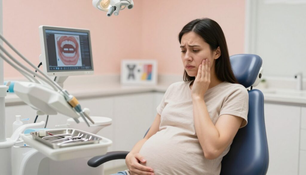 A serene and softly lit dental clinic setting, focusing on a pregnant woman in a professional, modest outfit sitting in a dentist's chair. Her expression shows mild concern as she holds her cheek, indicating discomfort. The foreground features a dental tray with tools subtly blurred, while in the middle ground, there are dental charts and a monitor displaying oral health information. The background includes calming pastel-colored walls and soft lighting that creates a warm atmosphere. The scene conveys a sense of vulnerability and care, highlighting the topic of gum bleeding during pregnancy, ensuring the environment feels safe and supportive. The image should evoke empathy and awareness regarding dental health in special situations.