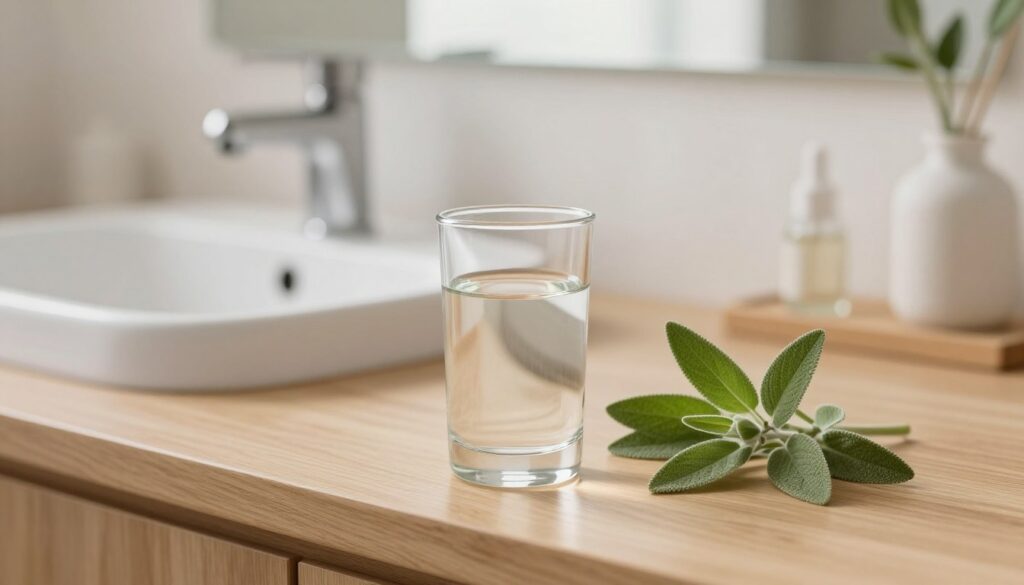 A serene bathroom scene focusing on a glass of sage mouthwash placed on a shallow wooden bathroom counter. In the foreground, the glass is half-filled with a clear liquid, reflecting gentle light. Nearby, fresh sage leaves are artistically arranged, hinting at their herbal essence. The middle layer features a soft-focus background with a white sink and a mirror, creating a clean and calming atmosphere. Warm, soft lighting enhances the tranquil mood. The countertop displays subtle textures, and the lens is positioned at eye level to create an inviting perspective. The overall ambiance is soothing and natural, ideal for promoting oral care with sage.
