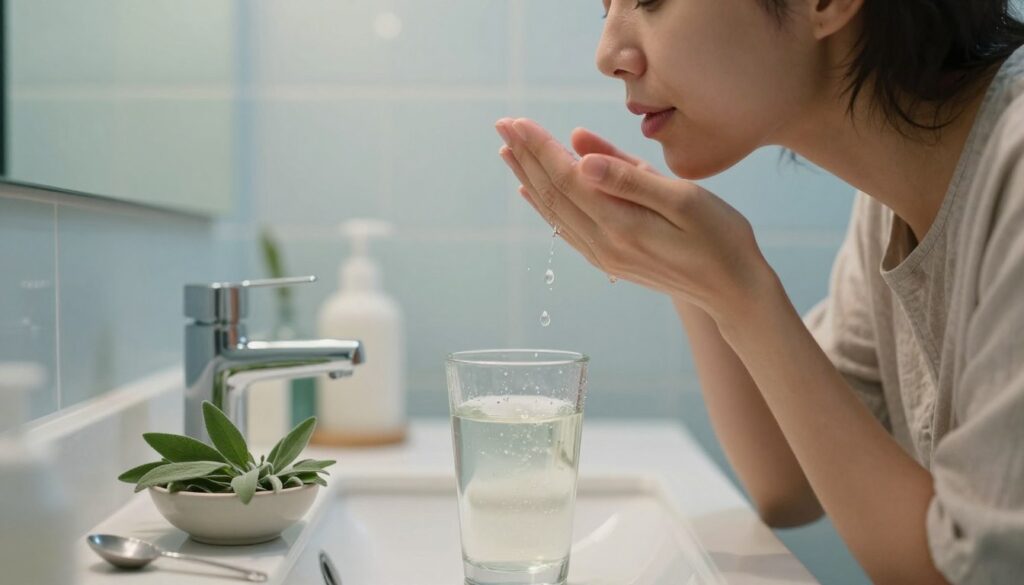 A serene bathroom setting featuring a person, wearing modest casual clothing, engaged in the act of rinsing their mouth with a sage solution. The foreground shows a clear glass of sage-infused liquid, droplets glistening under soft overhead lighting. The person tilts their head slightly back, eyes closed, with a focused expression, capturing the essence of self-care and oral hygiene. In the middle, a sleek countertop holds a small bowl of fresh sage leaves and a measuring spoon, emphasizing the preparation process. The background features a soft-focus mirror reflecting calming bathroom hues of light blue and white, creating a soothing atmosphere ideal for self-reflection and health routines. The overall mood conveys tranquility and attentiveness to oral care.