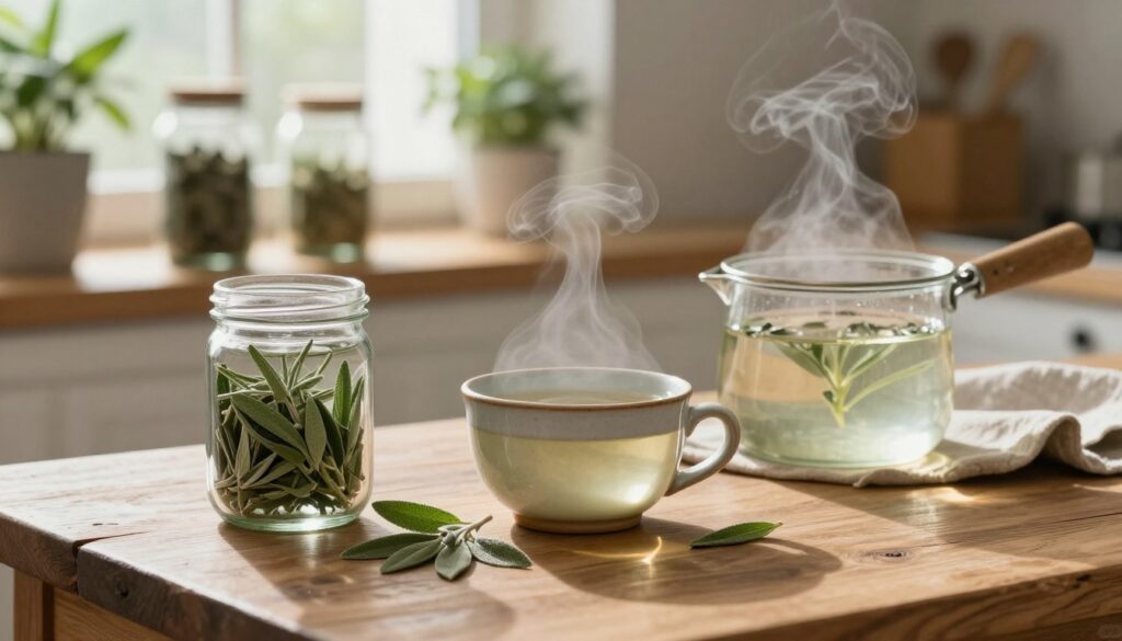 A serene kitchen setting with a focus on the preparation of a sage herbal infusion for mouth rinsing. In the foreground, a rustic wooden table displays a glass jar filled with dried sage leaves and a small pot of boiling water, steam gently rising. In the middle, a cozy ceramic cup shows the finished sage infusion, with a few fresh sage leaves scattered around for garnish. The background features soft natural lighting streaming in through a window, illuminating a shelf with more herbal jars and a potted sage plant. The overall atmosphere is calming and inviting, emphasizing the natural, holistic aspect of using herbs for oral care. Ensure no human figures are included, focusing solely on the cozy kitchen elements.