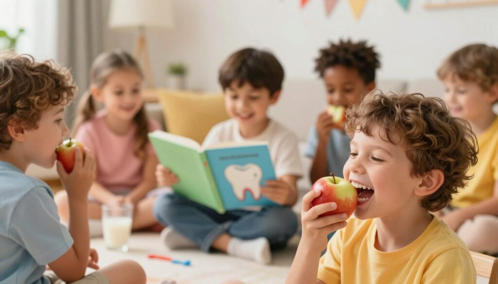 A soft-focus illustration showing a diverse group of children, aged 2 to 6 years, engaging in playful activities that emphasize the importance of milk teeth. In the foreground, a smiling child is eating a colorful apple, showcasing their healthy milk teeth as they laugh. In the middle ground, another child is reading aloud a storybook with illustrations of teeth, highlighting the relationship between teeth and speech. In the background, a cozy living room setting with cheerful decor and warm lighting creates a nurturing atmosphere. The overall mood is joyful and educational, encouraging the importance of dental health. The scene is illuminated with soft, natural lighting, evoking a sense of warmth and comfort, captured from a slightly elevated angle to provide a comprehensive view of this family scene. A soft-focus illustration showing a diverse group of children, aged 2 to 6 years, engaging in playful activities that emphasize the importance of milk teeth. In the foreground, a smiling child is eating a colorful apple, showcasing their healthy milk teeth as they laugh. In the middle ground, another child is reading aloud a storybook with illustrations of teeth, highlighting the relationship between teeth and speech. In the background, a cozy living room setting with cheerful decor and warm lighting creates a nurturing atmosphere. The overall mood is joyful and educational, encouraging the importance of dental health. The scene is illuminated with soft, natural lighting, evoking a sense of warmth and comfort, captured from a slightly elevated angle to provide a comprehensive view of this family scene.