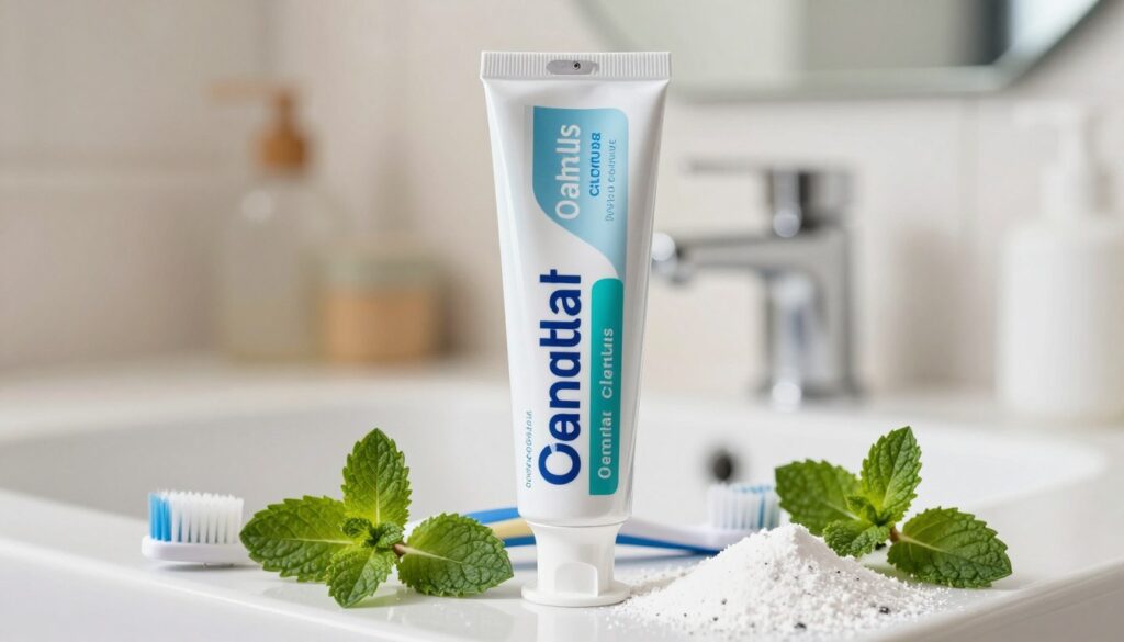 A vibrant, close-up image featuring a tube of toothpaste specifically designed to combat dental calculus, prominently displayed in the foreground. The toothpaste should have a fresh, appealing design, showcasing natural ingredients like mint leaves, baking soda, and charcoal around it. In the middle, a clean toothbrush appears, hinting at its use for maintaining oral hygiene. The background is a softly blurred bathroom setting with a sleek sink and mirror, evoking a fresh and inviting atmosphere. Warm, natural lighting enhances the colors and textures of the toothpaste and ingredients. The mood is clean and informative, perfect for a health-oriented article on dental care.