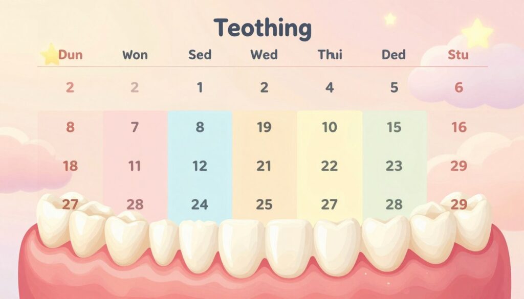 A visually engaging calendar layout illustrating the teething process in children, with a focus on primary teeth: incisors, molars, and canines. In the foreground, showcase a beautifully illustrated tooth chart with labeled teeth showing the order of eruption. The middle section features soft, pastel colors with playful designs that evoke a nurturing atmosphere. In the background, incorporate subtle elements like softly glowing stars or clouds to enhance the dreamy feel of early childhood. Use warm, diffused lighting to create a comforting mood. The overall composition should be clear and informative, suitable for an educational context. No text, captions, or logos should be present, ensuring a clean and professional appearance.