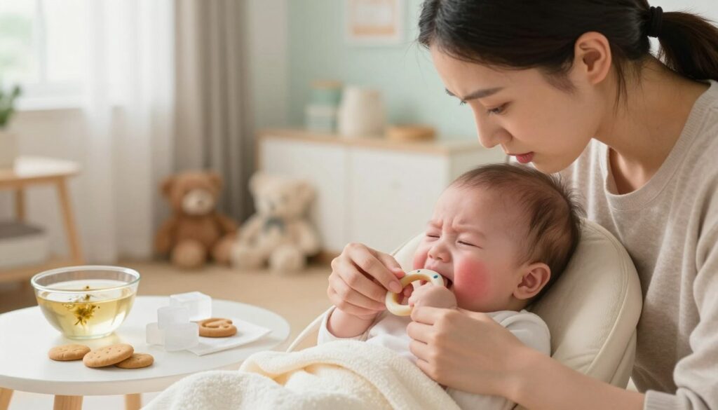 A warm and cozy home setting, depicting a gentle and caring atmosphere as a parent soothes their teething baby. In the foreground, a concerned yet calm mother leans over the infant, her expression tender and filled with empathy, as she holds a cold teething ring for the child to chew on. The baby is comfortably nestled in a soft blanket, showing signs of light discomfort with rosy cheeks and a slight frown. In the middle ground, a table displays natural remedies: a bowl of chamomile tea, a few organic teething biscuits, and some ice cubes in a cloth. The background features a bright, sunlit room with pastel-colored walls, soft toys scattered around, and a window with sheer curtains, allowing gentle light to filter through. The overall mood is nurturing and supportive, capturing the essence of home care during a teething phase.