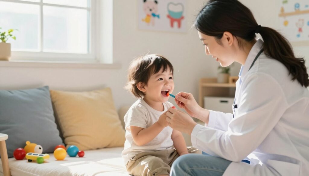 A warm and inviting scene depicting a gentle caregiver, a mother or pediatrician, tenderly attending to a small child with a bright, playful expression. The child, around three years old, is sitting comfortably in a cozy, sunlit room, surrounded by colorful toys and soft, plush furniture. The caregiver is dressed in modest casual clothing, showing a caring and professional demeanor. The soft natural light streams in through a window, casting a warm glow on the child’s smiling face and highlighting the affection in their interaction. In the background, playful illustrations of dental hygiene are subtly displayed on a wall, enhancing the theme of caring for gums. The atmosphere is nurturing and compassionate, emphasizing the importance of oral health for young children.