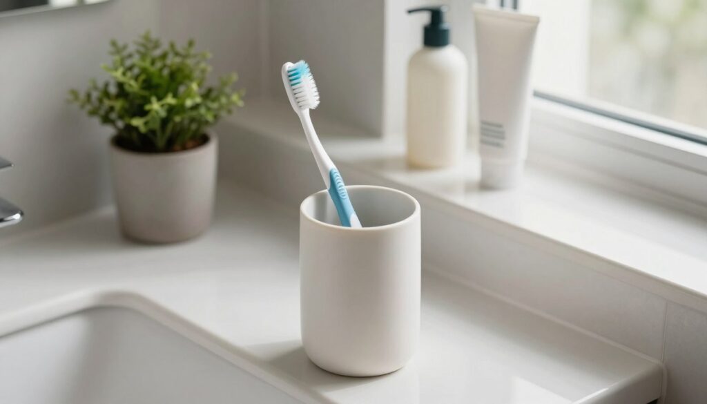 A well-organized bathroom scene featuring a toothbrush stored in a hygienic toothbrush holder. In the foreground, highlight a sleek, modern toothbrush inside an aesthetically pleasing container, emphasizing its cleanliness. The middle ground should show a minimalistic bathroom countertop with a small plant and dental care products, creating a fresh, inviting ambiance. The background can include soft lighting from a nearby window, casting natural light that enhances the colors and textures of the scene. The mood should be calm and sanitary, reflecting a sense of order and cleanliness. The composition should be shot from a slightly overhead angle, focusing on the toothbrush holder's design while capturing the serene atmosphere of the bathroom.