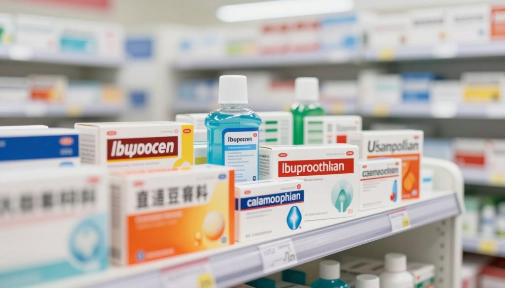 A well-organized shelf displaying an assortment of over-the-counter pain relief medications for toothache, prominently featuring boxes of pain relievers such as ibuprofen and acetaminophen. In the foreground, there are clearly visible, colorful packaging designs of these medications to capture attention. The middle ground includes a small, professional bottle of mouth rinse, adding context to the pain relief theme. The background is softly blurred, showcasing a bright, clean pharmacy setting with subtle lighting that creates a serene and approachable atmosphere. The angle should emphasize the medications, focusing on their labels and packaging, while maintaining a warm, inviting mood that suggests safety and accessibility in self-care practices.