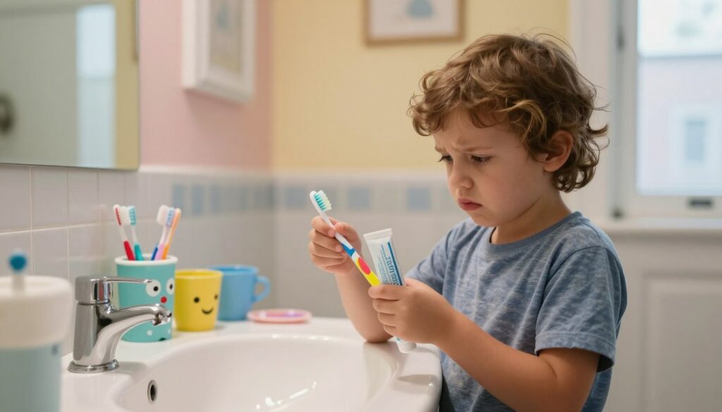 A worried young child in a modest casual outfit stands in a brightly lit bathroom, looking at a vibrant toothbrush and colorful toothpaste with hesitation. The foreground features the child's reluctant expression, emphasizing their uncertainty about brushing teeth. In the middle, the bathroom sink is cluttered with playful dental-themed items, like a cartoon toothbrush holder and fun, colorful cups, adding a lighthearted atmosphere. The background reveals cheerful, soft-colored walls and a window letting in warm, natural light, creating a comforting environment. The mood should convey a sense of reluctance but with an underlying hint of playfulness, reflecting the complexities of encouraging children to maintain good oral hygiene. Ensure the composition is inviting and visually engaging without any text or distractions.