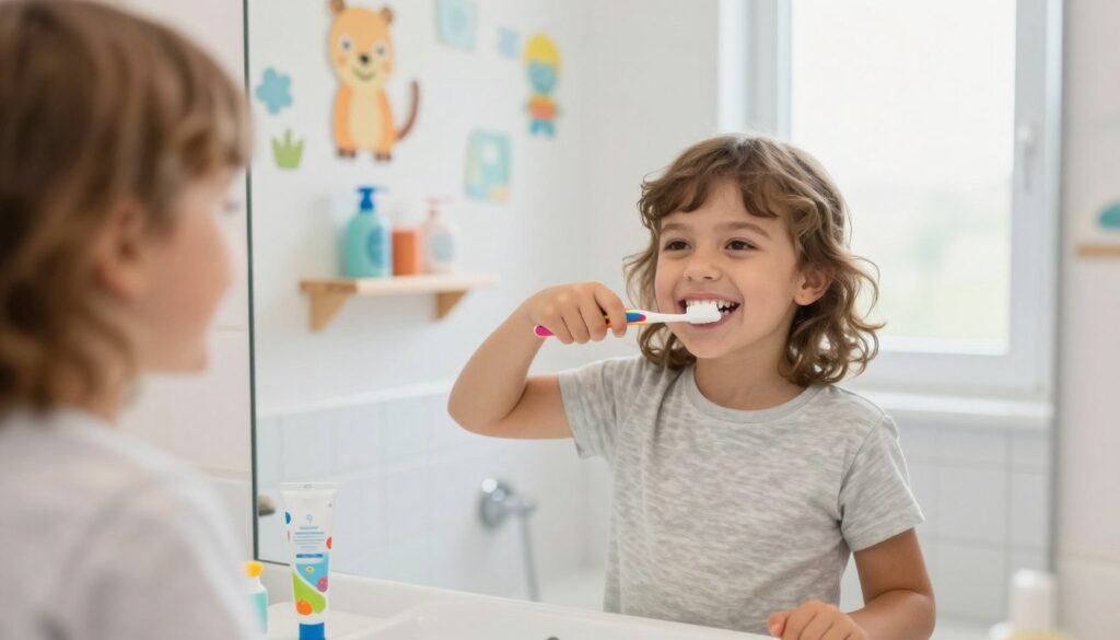 A young child, around six years old, standing in a bright and cheerful bathroom, happily brushing their teeth in front of a mirror. The child has a big smile, showcasing enthusiasm while using a colorful toothbrush. In the foreground, a cute, colorful toothpaste tube can be seen next to the sink. The middle layer features the child with colorful wall decorations, like cartoon animals and a small shelf with dental hygiene products. The background includes a bright window with soft natural light flooding in, creating a warm and inviting atmosphere. The overall mood is playful and uplifting, emphasizing the joy of learning to brush teeth independently. The scene is captured from a slightly elevated angle to focus on the child's expression and the act of brushing.