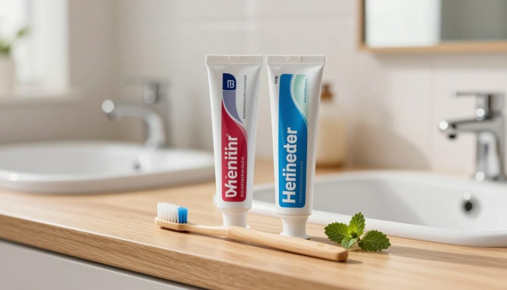 An artistic close-up of a toothbrush sitting atop a wooden bathroom countertop, with two tubes of toothpaste—one labeled for whitening and the other for remineralization—set beside it. The background features a softly blurred bathroom sink and mirror, illuminated by warm, natural light streaming in through a nearby window. The focus should highlight the toothpaste tubes, accentuating their colors and textures. A few mint leaves subtly placed near the tub add a refreshing touch. The mood should be clean, bright, and inviting, evoking a sense of freshness and care for dental hygiene. Shot from a slightly elevated angle to capture the arrangement elegantly.