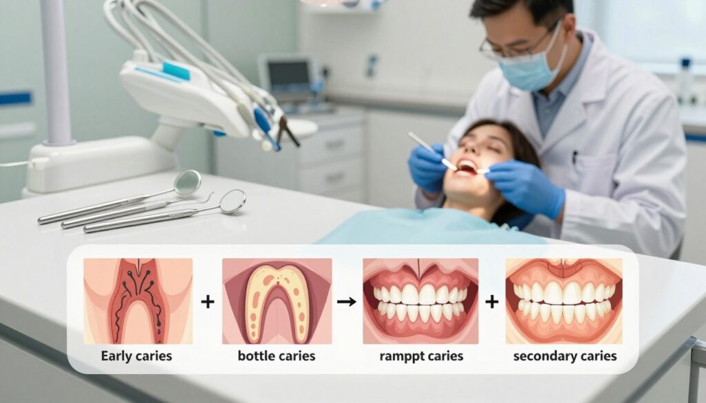 An informative and detailed illustration depicting the different types of dental caries: early caries, bottle caries, rampant caries, and secondary caries. In the foreground, showcase a dental chart featuring labeled sections highlighting each type of caries with clear visual distinctions. The middle ground should include a well-lit dental office environment, emphasizing tools such as dental mirrors and probes arranged neatly on a countertop. In the background, a soft-focus image of a dentist quietly examining a patient's teeth, dressed in a white coat and surgical mask, adds context. Utilize warm lighting to create an inviting atmosphere, while ensuring the scene feels professional and educational. The angle should be slightly elevated, providing a comprehensive view of the various elements in the composition. An informative and detailed illustration depicting the different types of dental caries: early caries, bottle caries, rampant caries, and secondary caries. In the foreground, showcase a dental chart featuring labeled sections highlighting each type of caries with clear visual distinctions. The middle ground should include a well-lit dental office environment, emphasizing tools such as dental mirrors and probes arranged neatly on a countertop. In the background, a soft-focus image of a dentist quietly examining a patient's teeth, dressed in a white coat and surgical mask, adds context. Utilize warm lighting to create an inviting atmosphere, while ensuring the scene feels professional and educational. The angle should be slightly elevated, providing a comprehensive view of the various elements in the composition.
