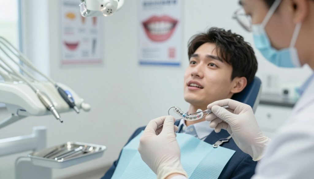 An orthodontic setting featuring a close-up view of a dental practitioner meticulously removing a traditional metal braces apparatus from a patient’s mouth. In the foreground, focus on the dentist’s gloved hands, tools, and the braces being gently extracted. The middle ground captures the patient, a young adult in professional attire, looking slightly anxious yet relieved, with dental equipment and tools organized on a nearby tray. The background displays a bright, sterile dental office with posters of dental care on the walls. Soft, natural lighting filters through a window, creating a calming atmosphere. The overall mood conveys professionalism and care, emphasizing the importance of orthodontic treatment and retention after removal.