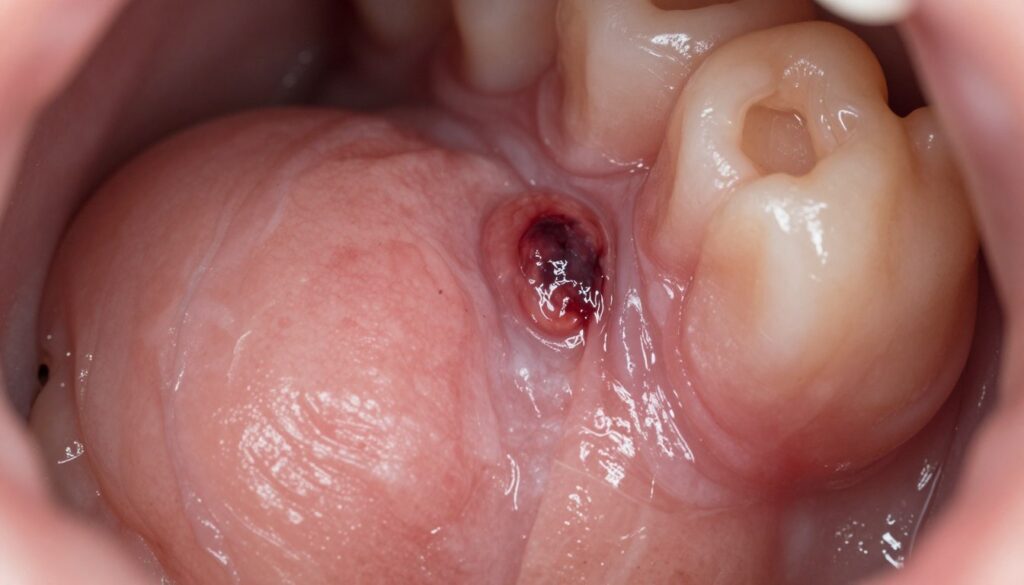 Close-up view of the soft tissues in the oral cavity surrounding a gum area, showcasing the rich textures and colors of the buccal mucosa, gingiva, and underlying connective tissues. The focus should be on a subclinical hematoma forming in the gum tissue, presenting as a dark, localized discoloration amidst the pinkish hues of healthy gum tissue. Use soft, diffused lighting to highlight the intricacies of the tissue structure, emphasizing the contrast between healthy and affected areas. The angle should be slightly elevated, providing a detailed perspective on the gum tissues to reflect the biological processes occurring during hematoma formation. The mood should be clinical and educational, suitable for a medical article, without any human figures or distracting elements.