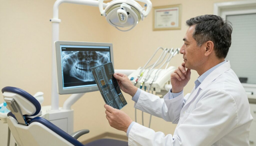 Create a detailed image focusing on the theme of dental radiology in relation to the National Health Fund (NFZ). In the foreground, depict a professional dentist in a crisp white coat examining dental X-ray images on a digital screen. The dentist, a middle-aged Caucasian male, looks thoughtful and engaged. In the middle ground, showcase a dental chair with tools neatly organized, signifying a clinical setting. The background features a softly lit dental office, with certificates on the walls that hint at professionalism and trust. Use warm, inviting lighting to create a reassuring atmosphere. Capture the scene from a slightly elevated angle, providing a comprehensive view of the dental office, while giving clear details on the technology used in dental diagnostics. The overall mood should convey a sense of care and professionalism, emphasizing the accessibility of dental healthcare under the NFZ system. Create a detailed image focusing on the theme of dental radiology in relation to the National Health Fund (NFZ). In the foreground, depict a professional dentist in a crisp white coat examining dental X-ray images on a digital screen. The dentist, a middle-aged Caucasian male, looks thoughtful and engaged. In the middle ground, showcase a dental chair with tools neatly organized, signifying a clinical setting. The background features a softly lit dental office, with certificates on the walls that hint at professionalism and trust. Use warm, inviting lighting to create a reassuring atmosphere. Capture the scene from a slightly elevated angle, providing a comprehensive view of the dental office, while giving clear details on the technology used in dental diagnostics. The overall mood should convey a sense of care and professionalism, emphasizing the accessibility of dental healthcare under the NFZ system.