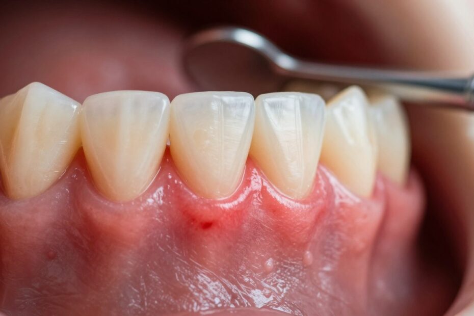 Czerwone dziąsło przy zębie